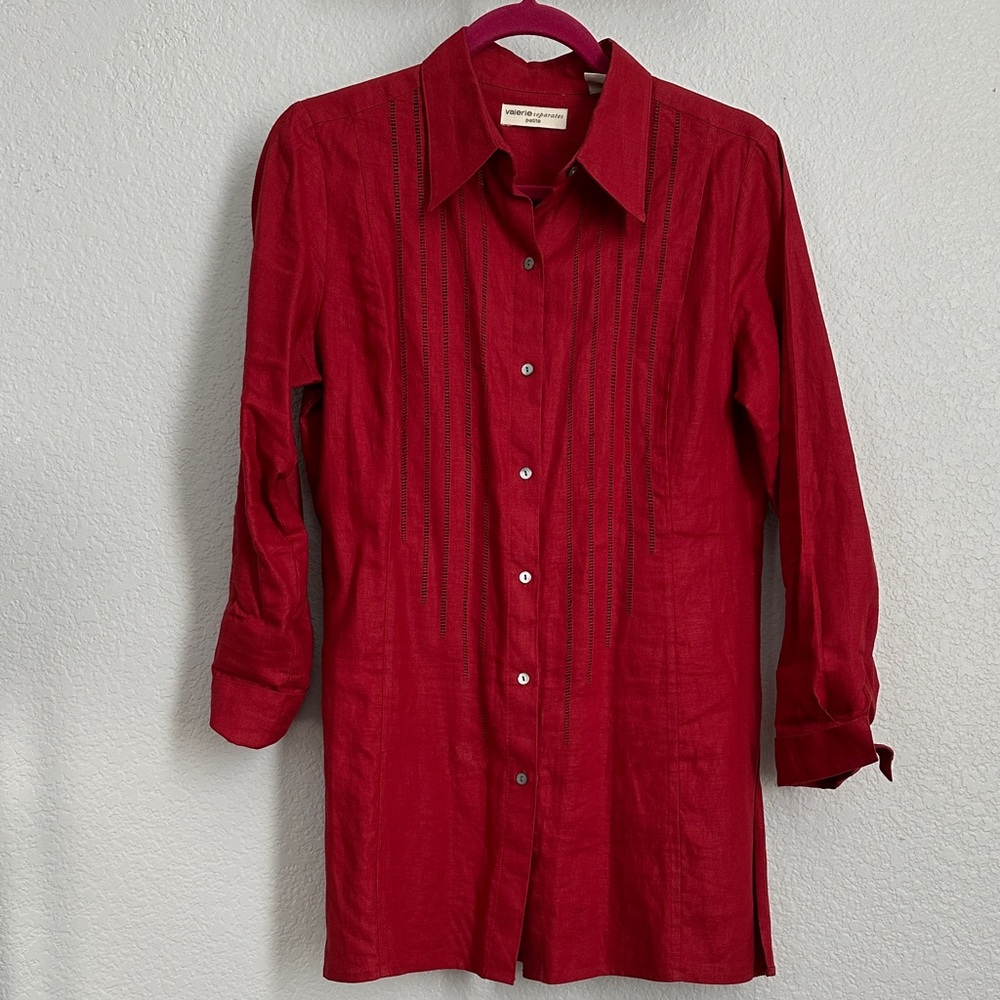 Women’s Red Button-Down Shirt - Longline Collared Tunic
